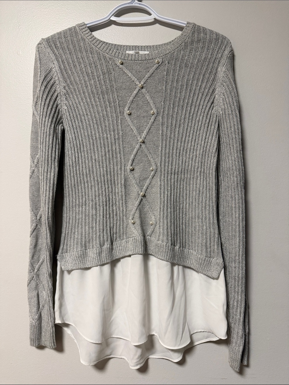 Grey Knit Sweater with Ivory Layered Hem